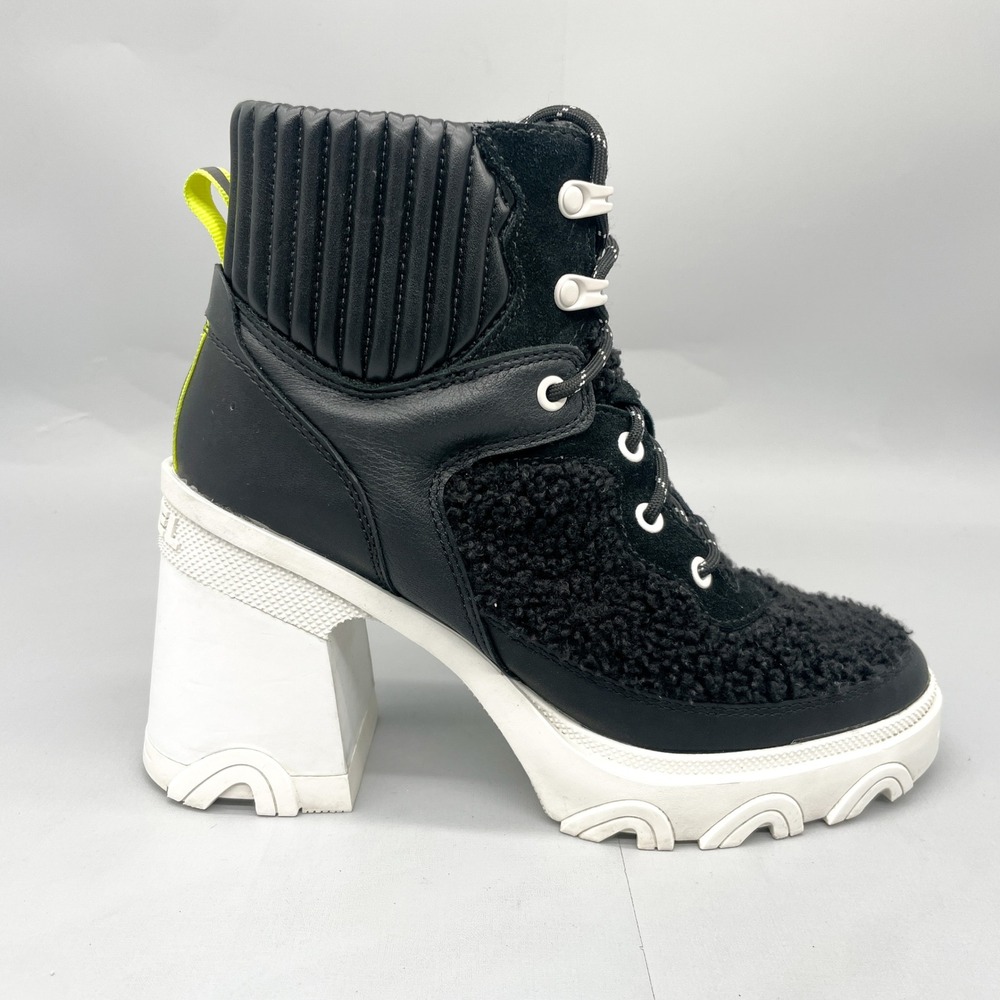 Sorel Womens 8.5 Brex Heel Cozy Lace Up Boots Black White Leather Sherpa Chunky
